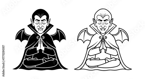 Meditating Vampire in Lotus Position: A Halloween Cartoon Illustration for Spooky Season Designs and Wellness Projects, Featuring a Classic Dracula with Bat Wings and Closed Eyes, Promotes Relaxation,