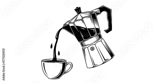 Italian Moka Pot Pouring Coffee into Cup Illustration - Brewing Espresso, Black and White Graphic, Vector Art for Cafe, Restaurant, Drink Menu, Poster, Modern Design, Business Advertising, Gourmet Bev