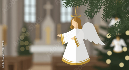 This flat design vector offers a close-up of a delicate angel ornament adorning a Christmas tree within a church, symbolizing peace and divine presence. 
