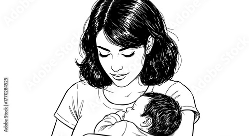 Caring Mother Holding Newborn Baby with Affection Indoors Illustration for Motherhood Blog, Parenting Website, Childcare Advertisement, Education Material, or Maternal Health Presentation (Black and W