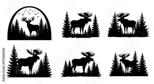 Majestic Moose Silhouettes Roaming Through Evergreen Forest Landscapes, Evoking Wilderness Adventure and Wildlife Conservation, Perfect for Nature-Themed Decoration and Rustic Design, Featuring Detail