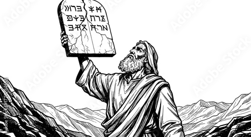 Moses Raising Tablets of Law on Mountain, Religious Leader Displaying Stone Tablets from God, Representing Faith, History, Ancient Tradition, Biblical Times, Engraving Style Illustration for Education