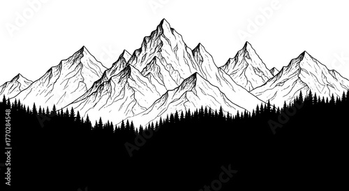 Majestic Mountain Range Ink Illustration: Exploring Wilderness Landscapes with Pine Forest Silhouette for Adventure Travel, Outdoor Lifestyle Designs & Nature-Themed Presentations - A Bold Monochrome