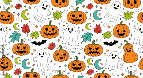 Seamless Halloween pattern featuring carved pumpkins, friendly ghosts, bats, colorful autumn leaves, crescent moons, and stars on a white background.