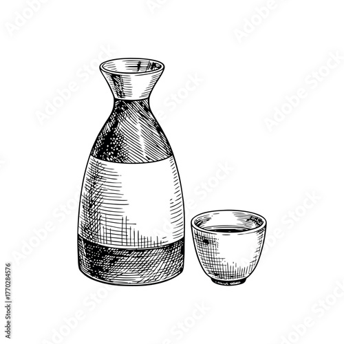 A hand-drawn sketch of a traditional japanese sake bottle or tokkuri with a small cup or ochoko