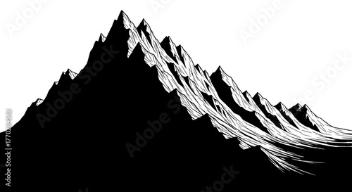 Monochrome Mountain Range Landscape Illustration with Jagged Peaks and Stark Contrasts Ascending Against a Clear Sky, Evoking Adventure, Exploration, and Wilderness, Ideal for Travel, Outdoor, and Nat