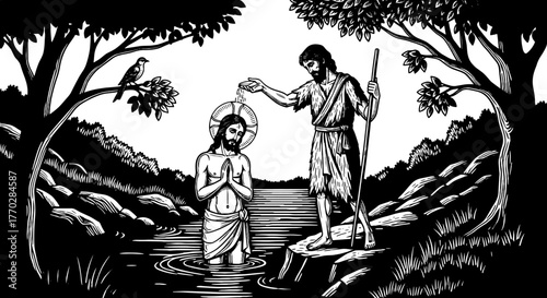 Jesus Christ's Baptism by John the Baptist in River Jordan, Religious Ceremony, Seeking Forgiveness and Guidance in Holy Water, Traditional Christian Woodcut Illustration for Lent, Easter, Spiritual R