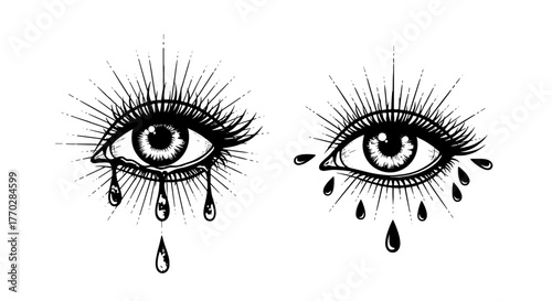 Crying Eyes with Radial Light Beams in Sorrowful Illustration Style: A Symbol of Sadness, Grief, and Emotional Release, Suitable for Tattoo Design, Graphic Novel, or Melancholic Poster Art, Featuring
