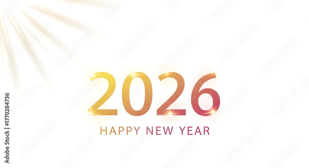 Obraz premium Elegant happy new year 2026 greeting card with golden gradient and sunburst isolated on white background