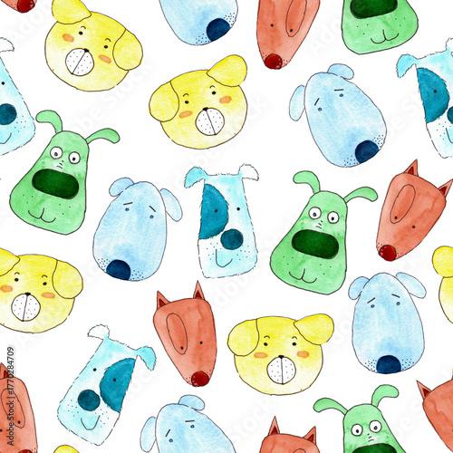 seamless pattern of watercolor dogs illustration. Multicolored funny cute dog portraits