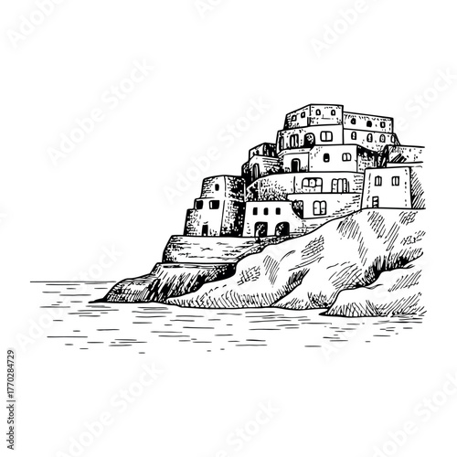 A detailed hand-drawn sketch of an italian cliffside village on the coast overlooking the sea ideal for travel
