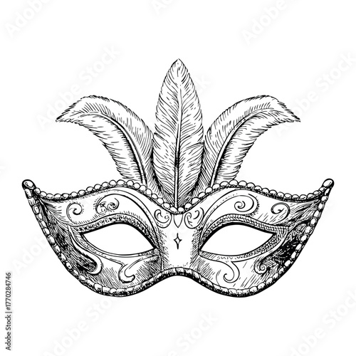 A detailed hand-drawn sketch of an ornate venetian carnival mask a symbol of mystery and celebration