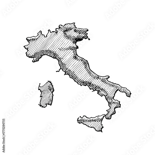 A black and white hand-drawn contour map of italy including sicily and sardinia perfect for geographical concepts