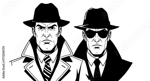 Two Men in Fedoras and Trench Coats: Vigilant Detectives on a Mission, Unveiling Secrets in the Shadows, Illustrative Noir Style Image for Film, Mystery, Retro Advertising, and Editorial Use, Classic