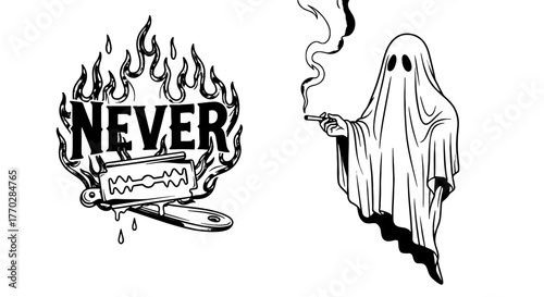 Smoking Ghost with Razor Blade and Never Word Surrounded by Flames Illustration in Black and White, Representing Dark Humor, Death, Sadness, and Halloween Vibes for Print Design, Tattoos, or Graphic R