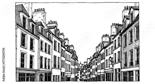 European Street View Illustration of Historic Buildings in Urban Setting: Architectural Heritage and Travel Destination for Business, Culture, and City Living in Pen and Ink Style Drawing, Perfect for