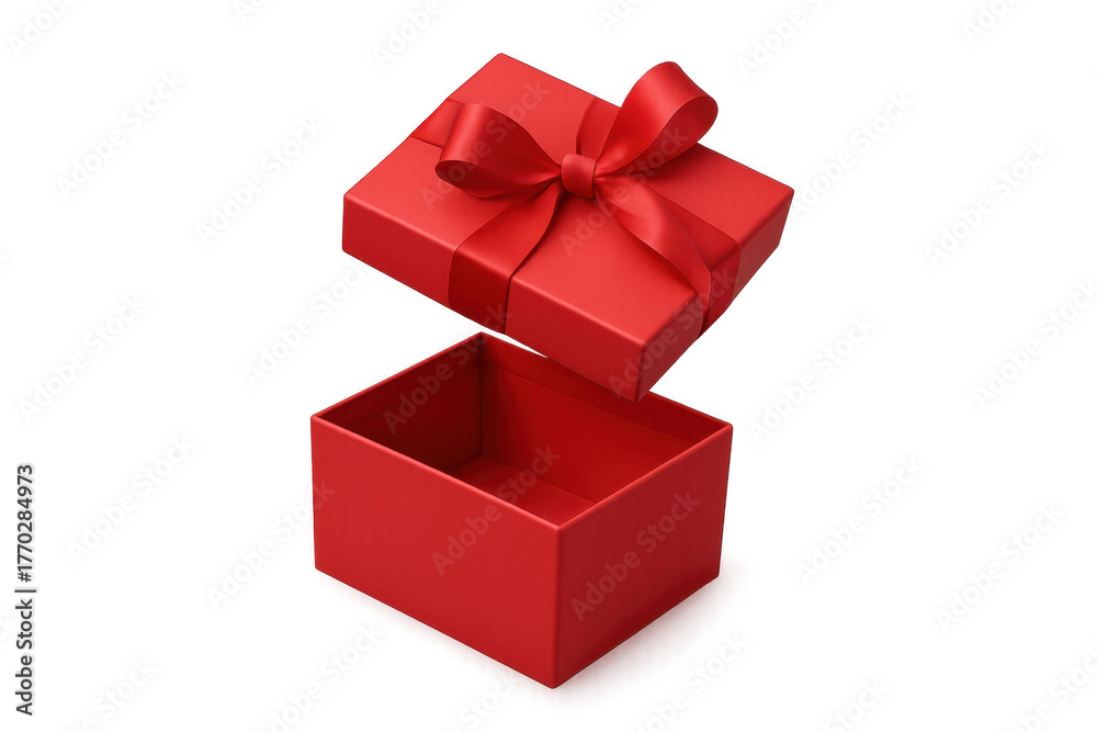 Fototapeta premium Red gift box opening, lid floating above empty present package for surprise and celebration concept
