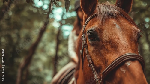 Close up of a brown horse's head with a rider in a forest setting.