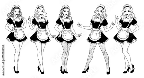 Group of Attractive Women in Maid Costumes Posing Seductively: Classic Pin-Up Style for Advertising, Events, and Party Invitations. Retro Fashion Illustration Perfect for Themed Websites, Marketing Ma