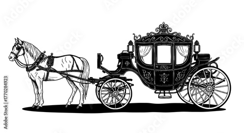 Vintage Horse-Drawn Carriage Transportation Riding in Style: Elegant Coach for Historical Events, Weddings & Formal Occasions, Classic Victorian Era Transport Vehicle, Romance, Fantasy, Old-World Char