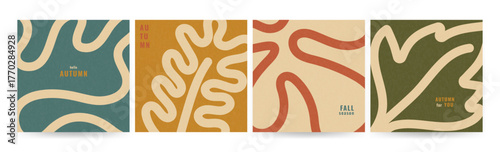 Autumn poster set. Abstract wavy lines and fall leaves with grainy texture. Simple vintage color template for print, card, poster. Square post for social media, web, sale