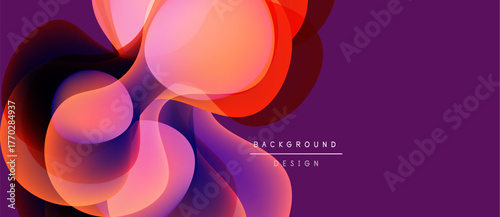 Abstract fluid shapes overlap, creating vibrant color gradients. Purple background enhances dynamic composition. Modern design element.
