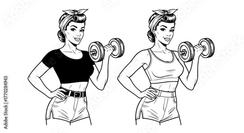 Retro Fitness Woman Training with Dumbbells in Pop Art Style: Strong Female Exercising for Wellness and Health, Promoting Empowerment and Active Lifestyle in Gym Setting for Marketing and Ads, Vector