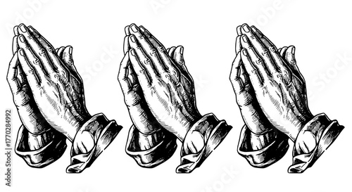 Praying Hands Graphic Collection: Vintage Engraving Style Illustration in Black and White, Representing Spirituality, Religion, and Faith, Perfect for Church Presentations, Charitable Campaigns, and M