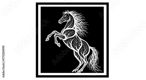 Majestic Rearing Horse with Tree Branch Veins Silhouette on Black Backdrop - Powerful Stallion Artwork for Nature, Fantasy, Mythology, Tattoo Design, Artistic Symbolism & Strength in Bold Black and Wh