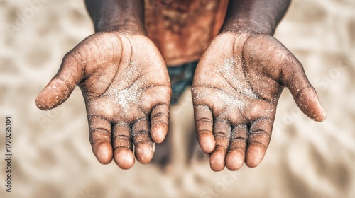 Open palms covered in sand, reaching out from a beach setting.