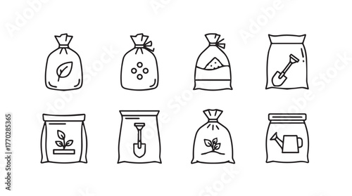 Collection of garden seed fertilizer and soil bag icons hand drawn sketches silhouette