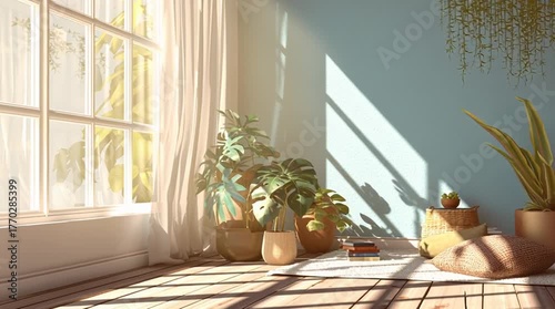 Cozy home interior bathed in warm sunlight streaming through a window, with realistic lighting and soft shadows creating a welcoming, peaceful atmosphere.
