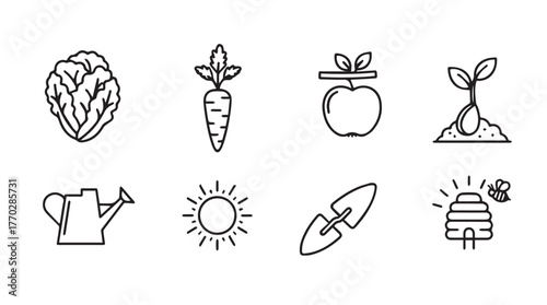 Garden icons set cultivation tools seedling watering can sun apple carrot lettuce silhouette