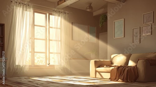 Cozy home interior bathed in warm sunlight streaming through a window, with realistic lighting and soft shadows creating a welcoming, peaceful atmosphere.
