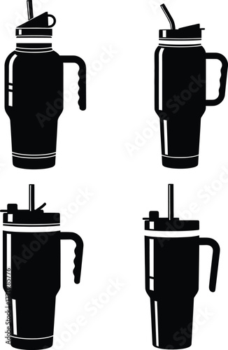 Large insulated tumbler with handle and straw black and white vector icons set. Modern stainless steel travel mug silhouette collection for cold drinks, beverage, coffee, tea, and everyday hydration.
