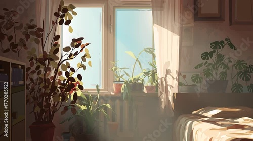 Cozy home interior bathed in warm sunlight streaming through a window, with realistic lighting and soft shadows creating a welcoming, peaceful atmosphere.
