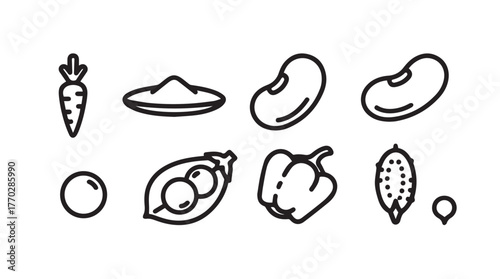 Collection of simple line art icons representing fresh vegetables and legumes for healthy eating silhouette