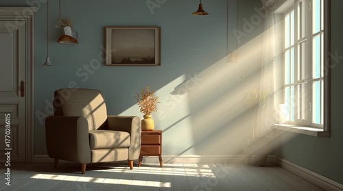 Cozy home interior bathed in warm sunlight streaming through a window, with realistic lighting and soft shadows creating a welcoming, peaceful atmosphere.
