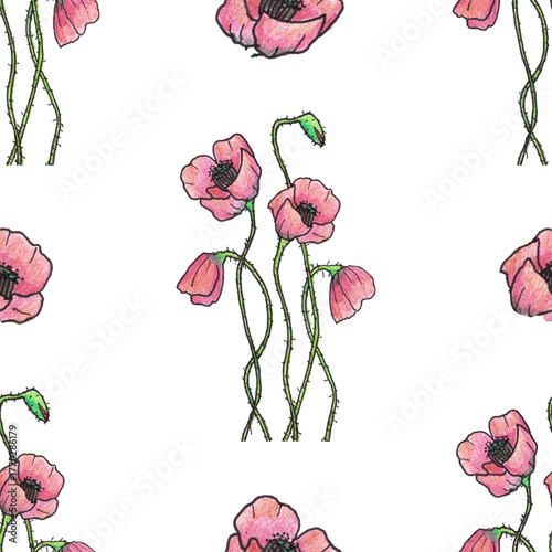 seamless pattern of red poppies hand drawn pencils and pen illustration on white background