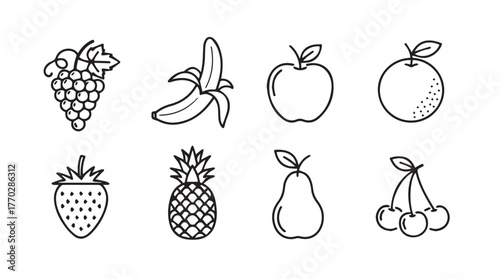 Collection of hand drawn fruit icons including grapes apple banana strawberry pineapple pear cherries silhouette