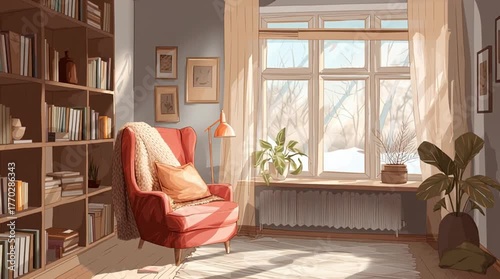 Cozy home interior bathed in warm sunlight streaming through a window, with realistic lighting and soft shadows creating a welcoming, peaceful atmosphere.
