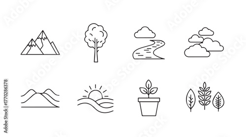 Set of organic nature landscape elements icons for environmental design projects silhouette