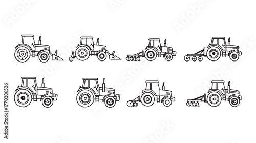 Collection of various farm tractors with agricultural implements line art graphics silhouette