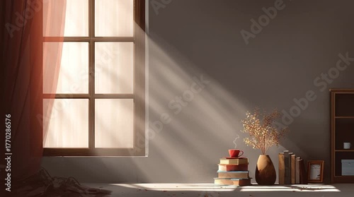 Cozy home interior bathed in warm sunlight streaming through a window, with realistic lighting and soft shadows creating a welcoming, peaceful atmosphere.

