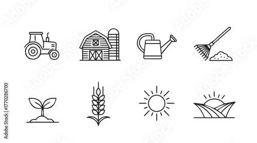 Hand drawn farm icons set tractor barn watering can soil sun fields wheat crop cultivation silhouette