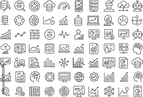 Set of outline data analysis icons containing database, information processing, marketing strategy, machine learning and dashboard elements