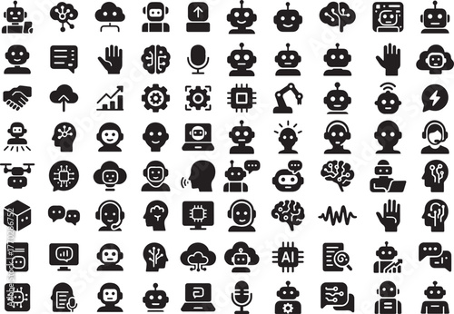 Set of artificial intelligence and automation icons with robot cloud brain computing and hand shake elements for technology and innovation