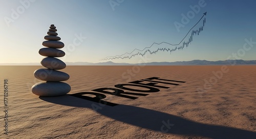 A balanced stone cairn in a desert casts a shadow forming the word 'PROFIT', with a rising financial graph in the distance, symbolizing stable business growth and economic prosperity