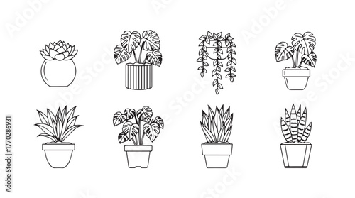 Collection of hand-drawn potted plants decorative elements for botanical decor and gardening enthusiasts silhouette
