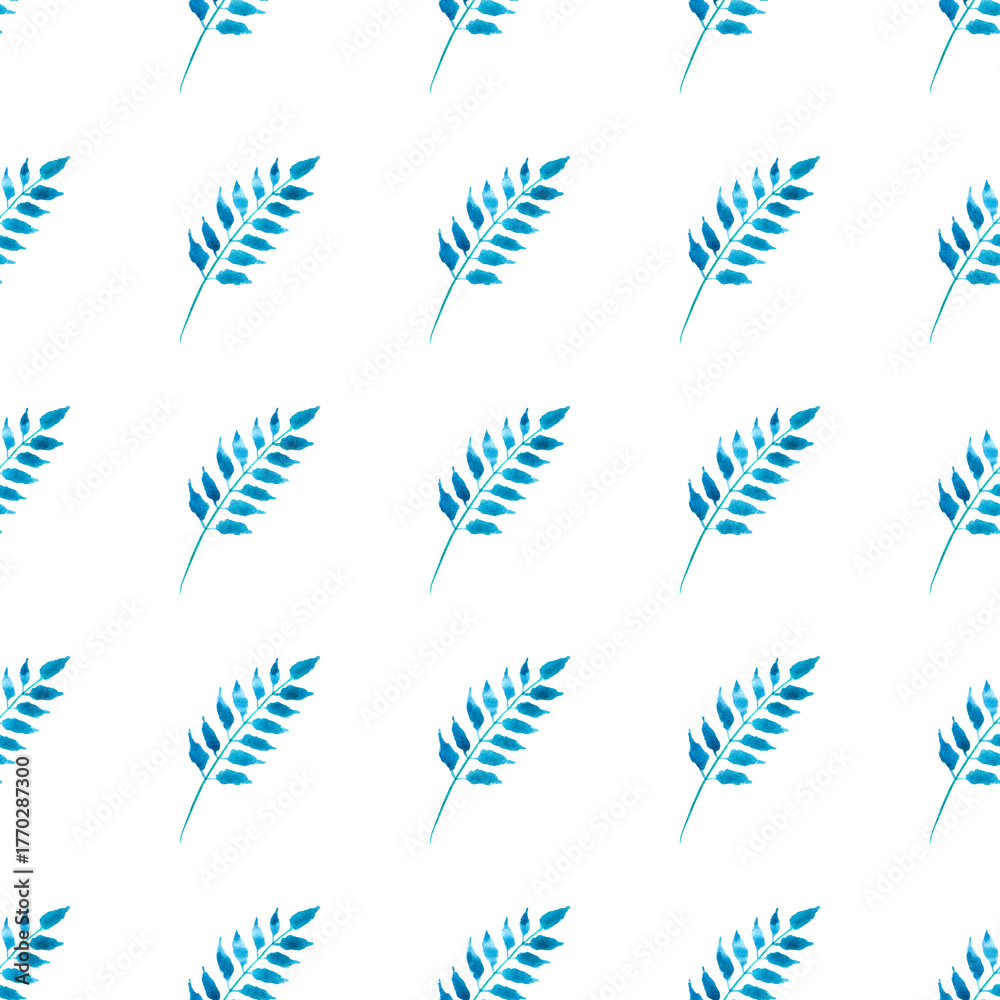 Obraz premium seamless pattern of blue turquoise leaves, hand drawn watercolor elements, isolated on white background
